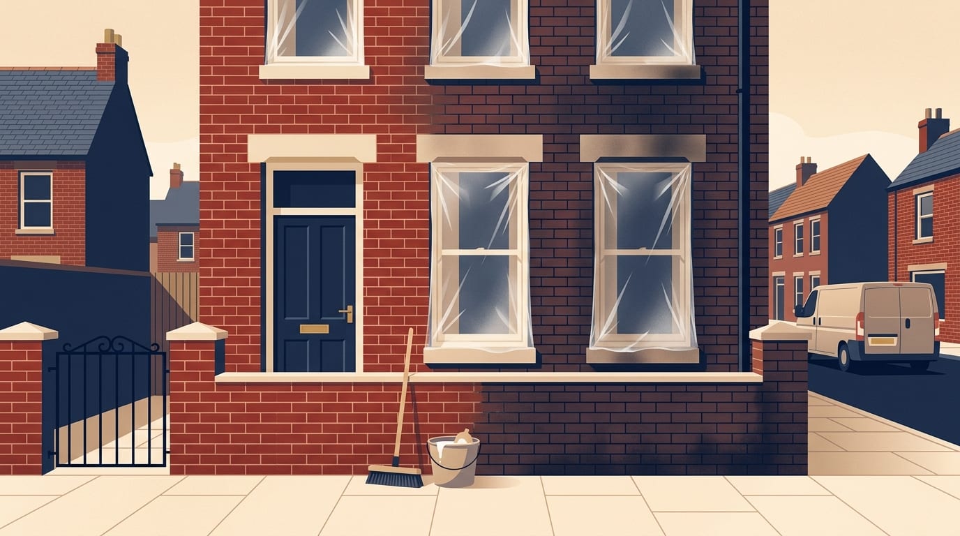 Illustration of a brick house wall being cleaned