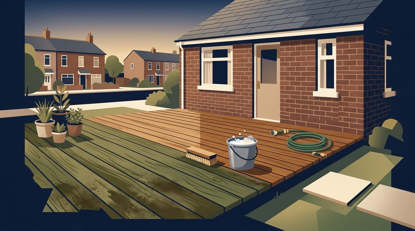 Illustration of a timber deck half cleaned