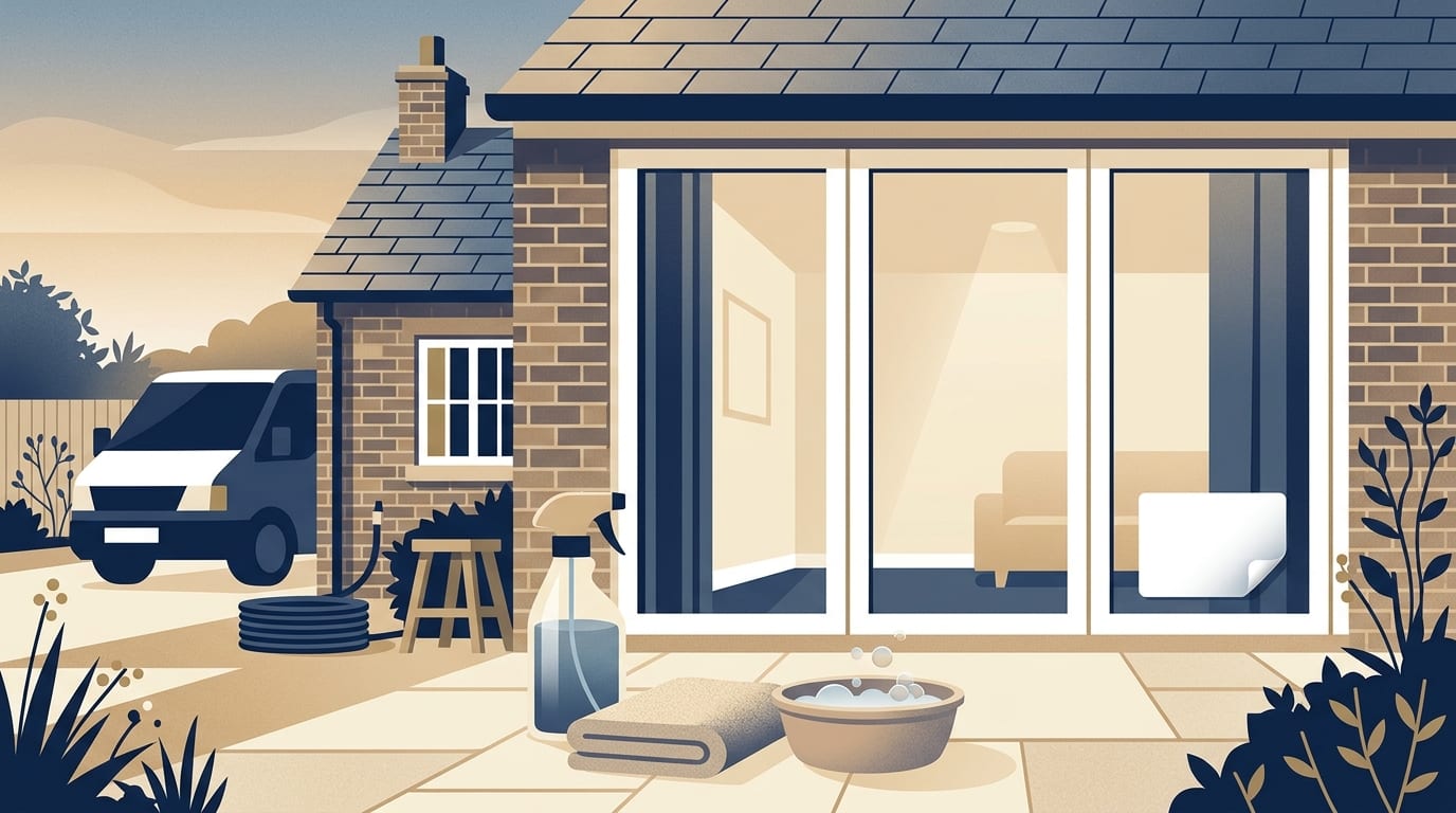 Illustration of a label being removed from door glass