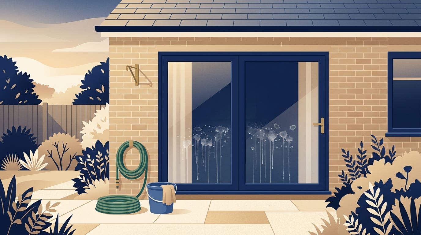 Illustration of water spots on patio door glass