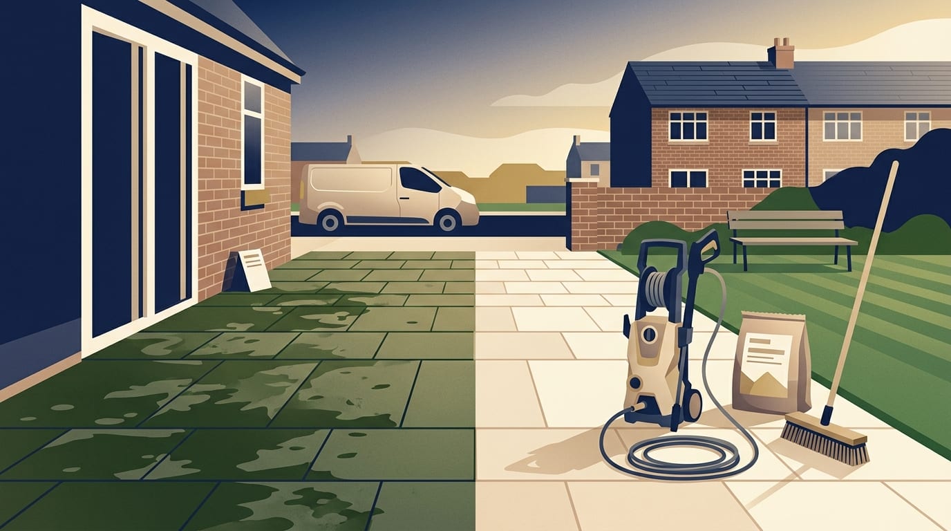 Illustration of a stone patio half cleaned