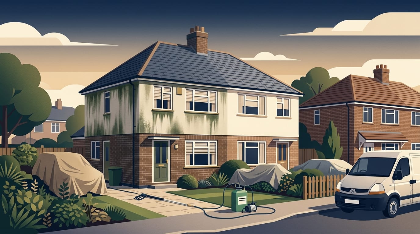 Illustration of a rendered house wall half cleaned